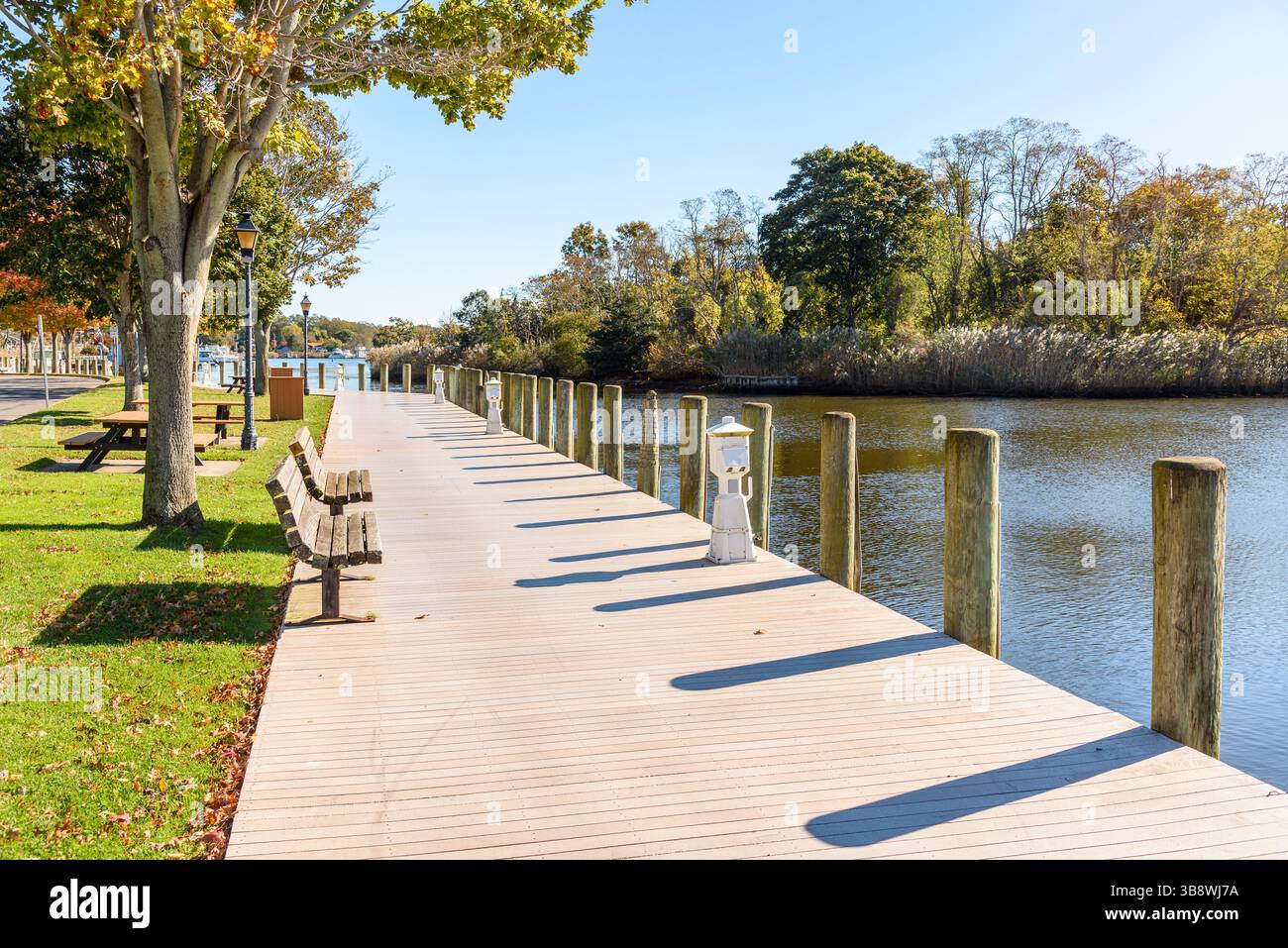 Promenade vide bordée d'arbres et de bancs en bois sur la rive d'une rivière par un matin d'automne ensoleillé Banque D'Images