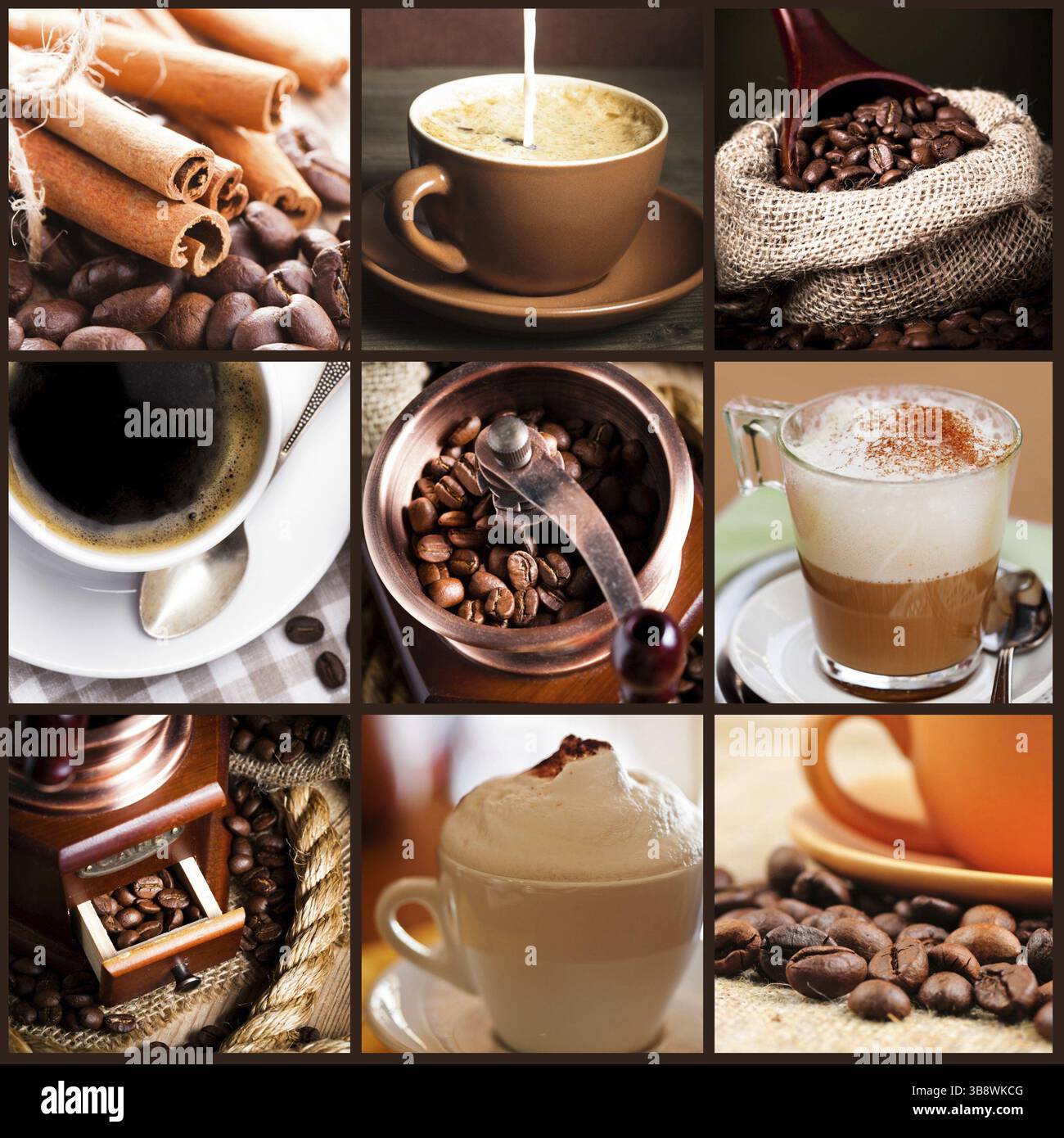 Café, cappuccino, latte et haricots torréfiés. Concept de café Banque D'Images
