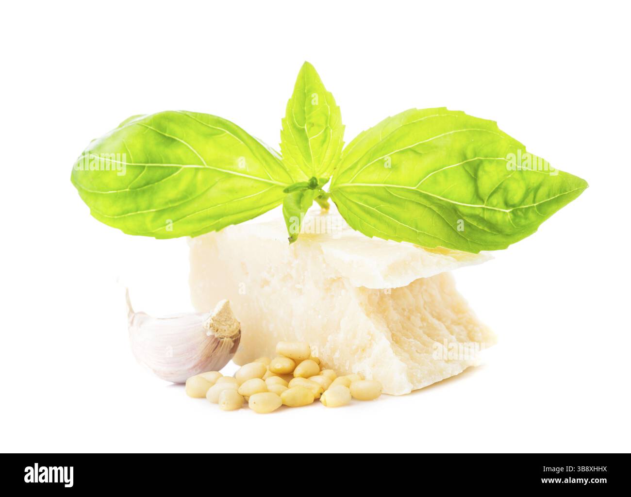 Sauce Pesto ingrédients : basilic vert frais, le parmesan, les pignons et l'ail. On white Banque D'Images Sauce Pesto ingrédients : basilic vert frais, le parmesan, les pignons et l'ail. On white Banque D'Images