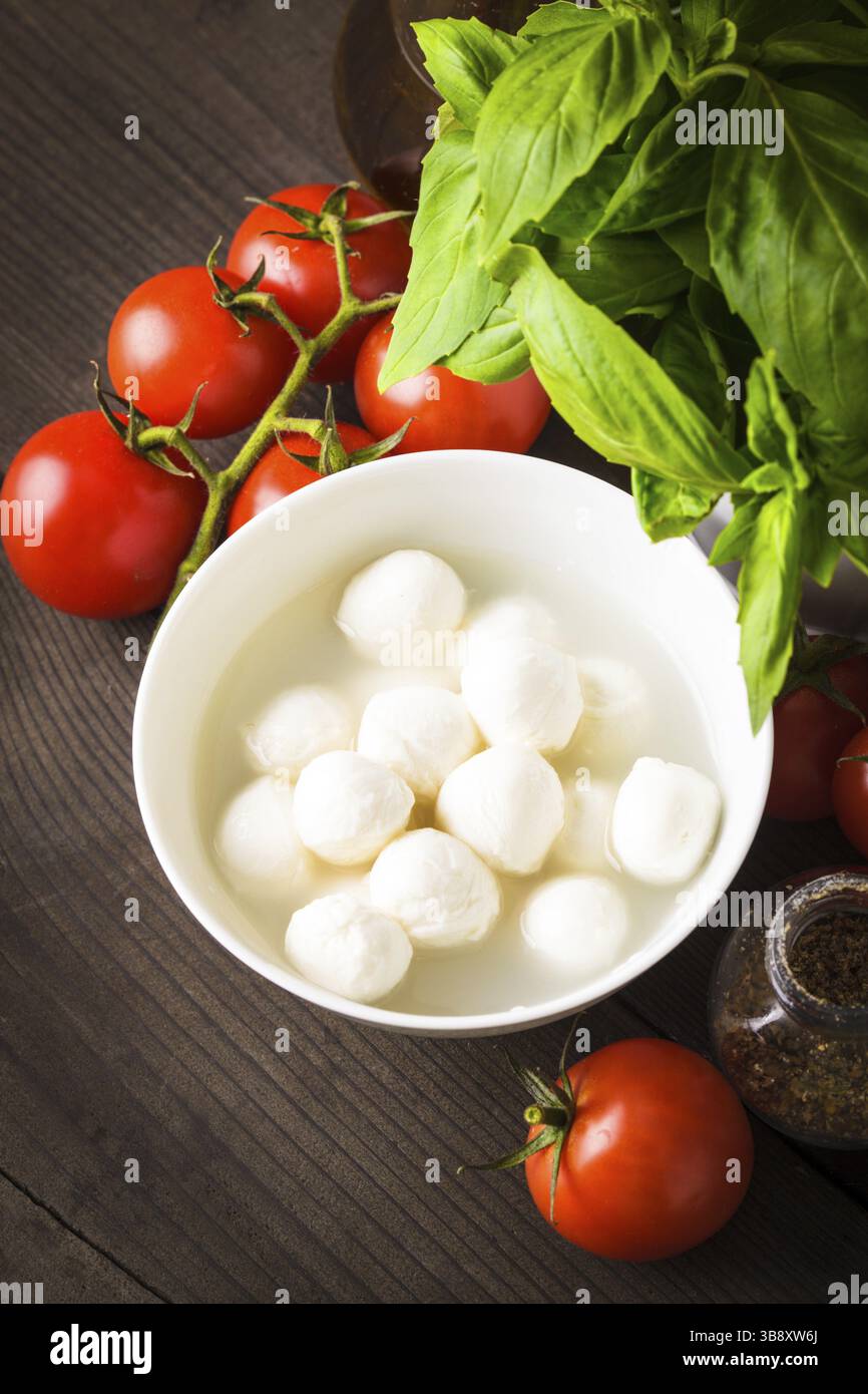 Ingrédients pour salade caprese : tomate, mozzarella, basilic frais, huile d'olive, épices Banque D'Images Ingrédients pour salade caprese : tomate, mozzarella, basilic frais, huile d'olive, épices Banque D'Images