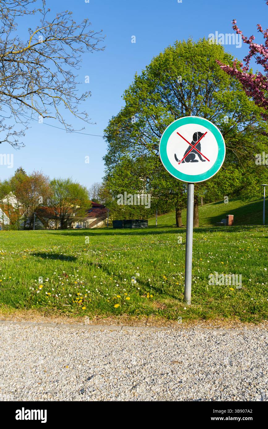 Cette image capture un parc tranquille avec une végétation luxuriante et un signe clair interdisant les chiens. Banque D'Images