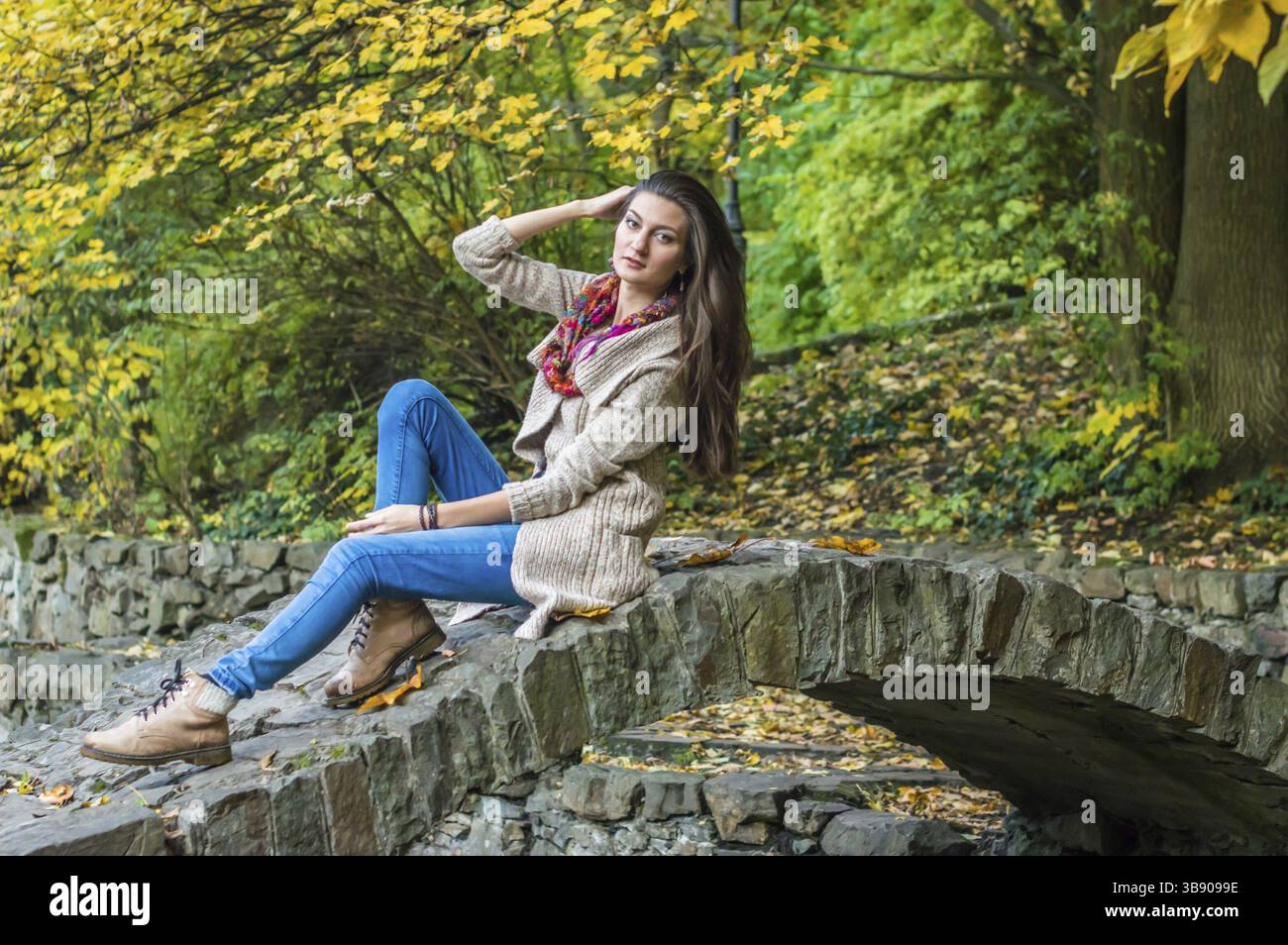 Fille de beauté assise sur un pont dans le parc d'automne Banque D'Images