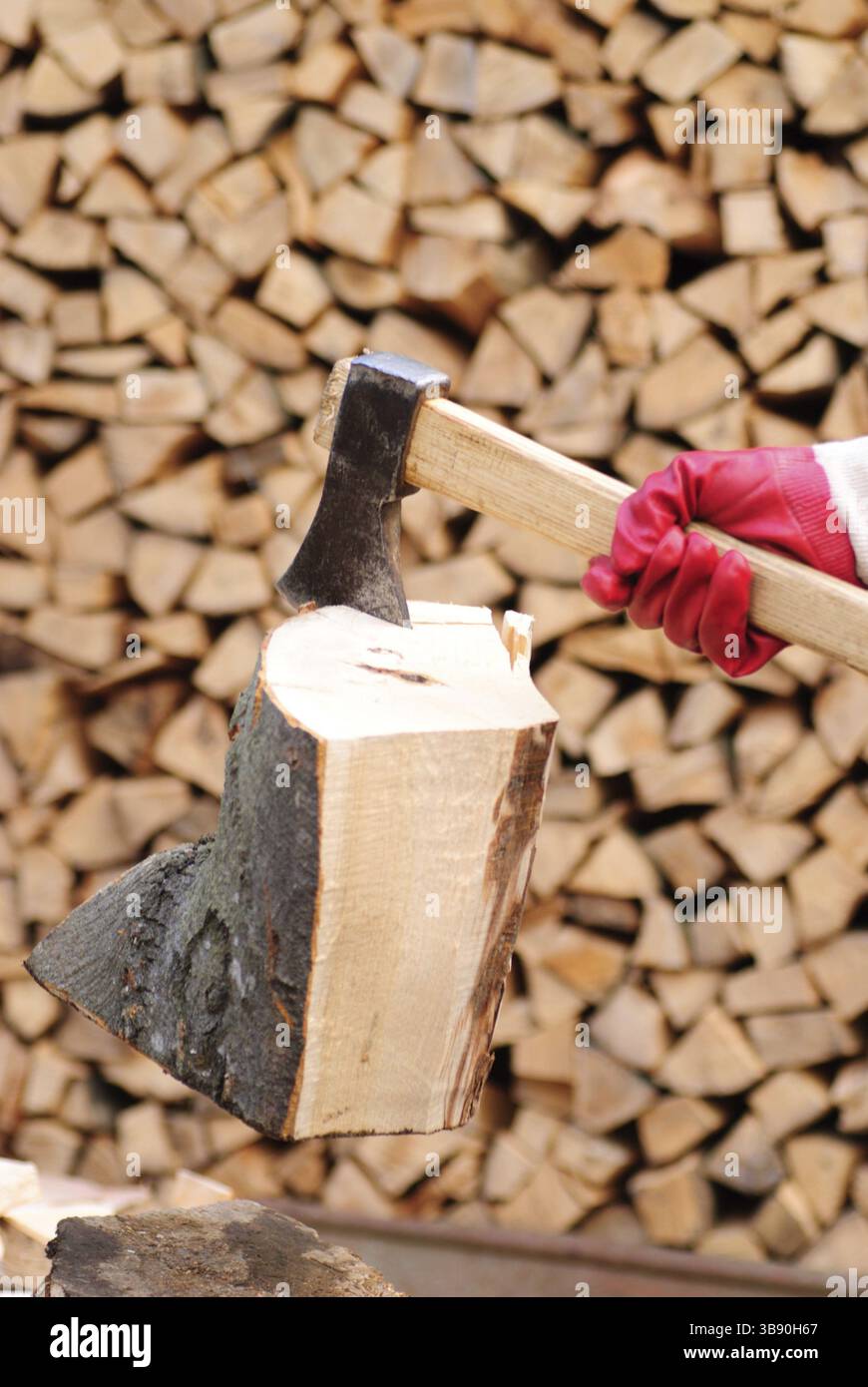 Bois de chauffage avec hache et main masculine. Stockage du carburant Banque D'Images