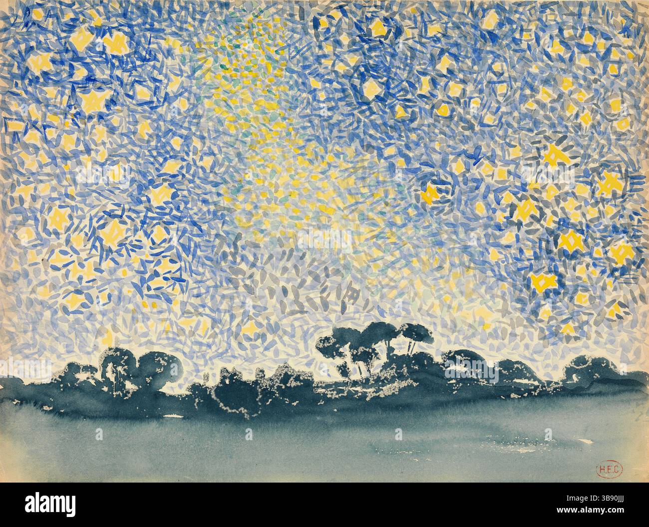 Paysage avec étoiles, une aquarelle peinte par Henri Cross . Henri-Edmond Cross (20 mai 1856 – 16 mai 1910), né Henri-Edmond-Joseph Delacroix est un peintre et graveur français. Il est surtout acclamé comme un maître du néo-impressionnisme et il a joué un rôle important dans la formation de la deuxième phase de ce mouvement. Il a eu une influence significative sur Henri Matisse et de nombreux autres artistes. Son travail a joué un rôle déterminant dans le développement du fauvisme. Banque D'Images
