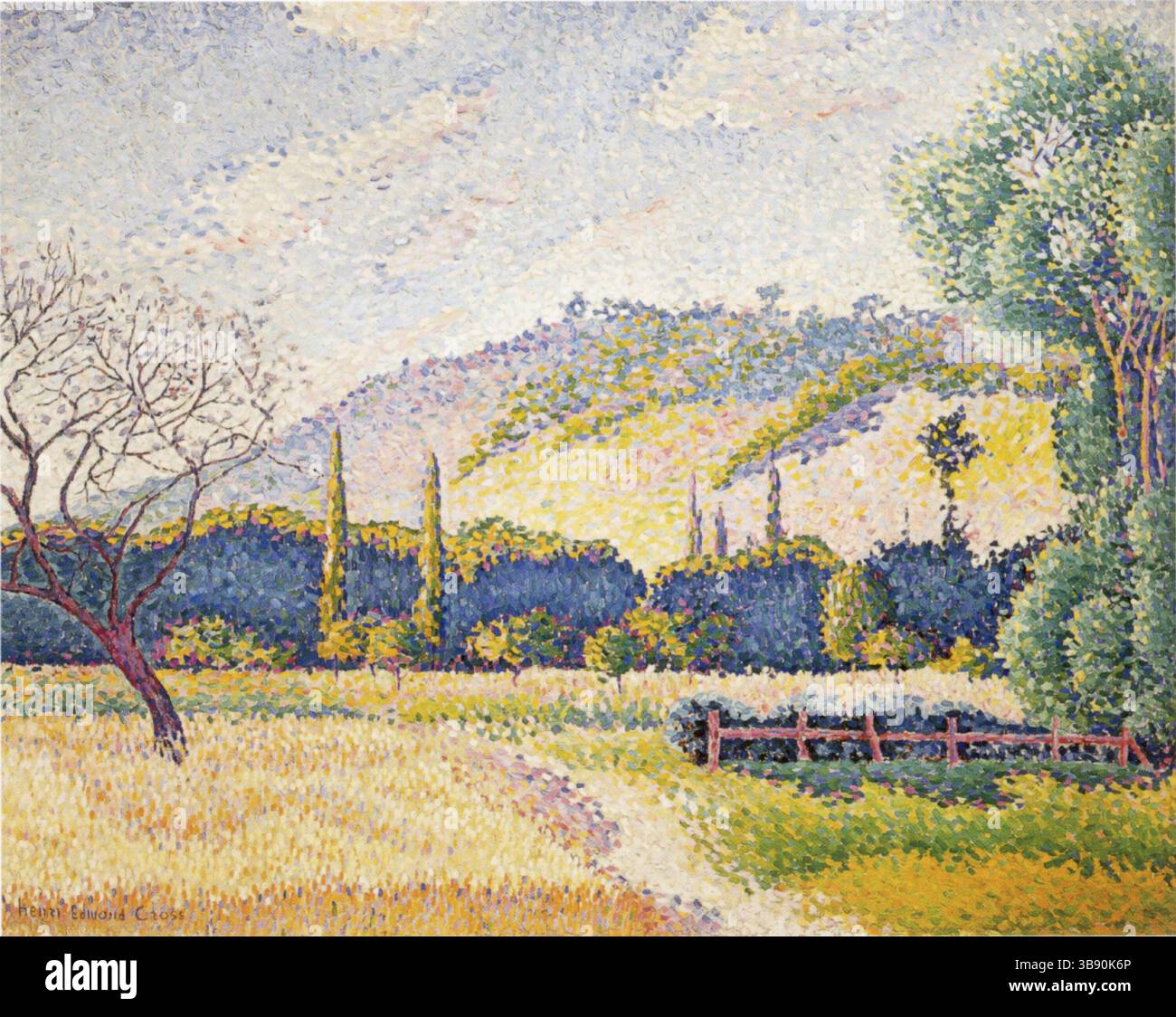 Paysage peint par Henri Cross en 1905. Henri-Edmond Cross (20 mai 1856 – 16 mai 1910), né Henri-Edmond-Joseph Delacroix est un peintre et graveur français. Il est surtout acclamé comme un maître du néo-impressionnisme et il a joué un rôle important dans la formation de la deuxième phase de ce mouvement. Il a eu une influence significative sur Henri Matisse et de nombreux autres artistes. Son travail a joué un rôle déterminant dans le développement du fauvisme. Banque D'Images