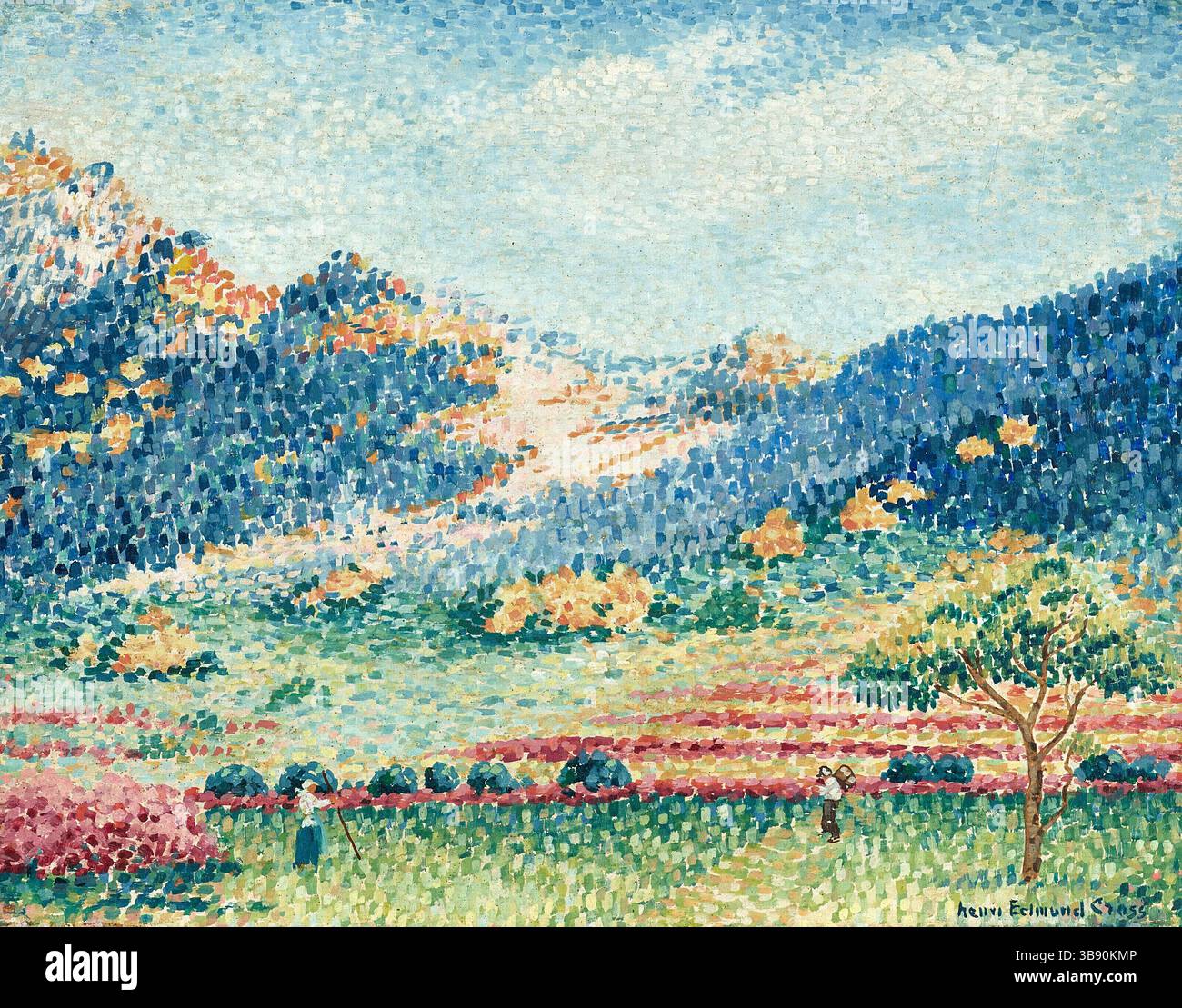 Paysage dans les montagnes des Maures peint par Henri Cross. Henri-Edmond Cross (20 mai 1856 – 16 mai 1910), né Henri-Edmond-Joseph Delacroix est un peintre et graveur français. Il est surtout acclamé comme un maître du néo-impressionnisme et il a joué un rôle important dans la formation de la deuxième phase de ce mouvement. Il a eu une influence significative sur Henri Matisse et de nombreux autres artistes. Son travail a joué un rôle déterminant dans le développement du fauvisme. Banque D'Images
