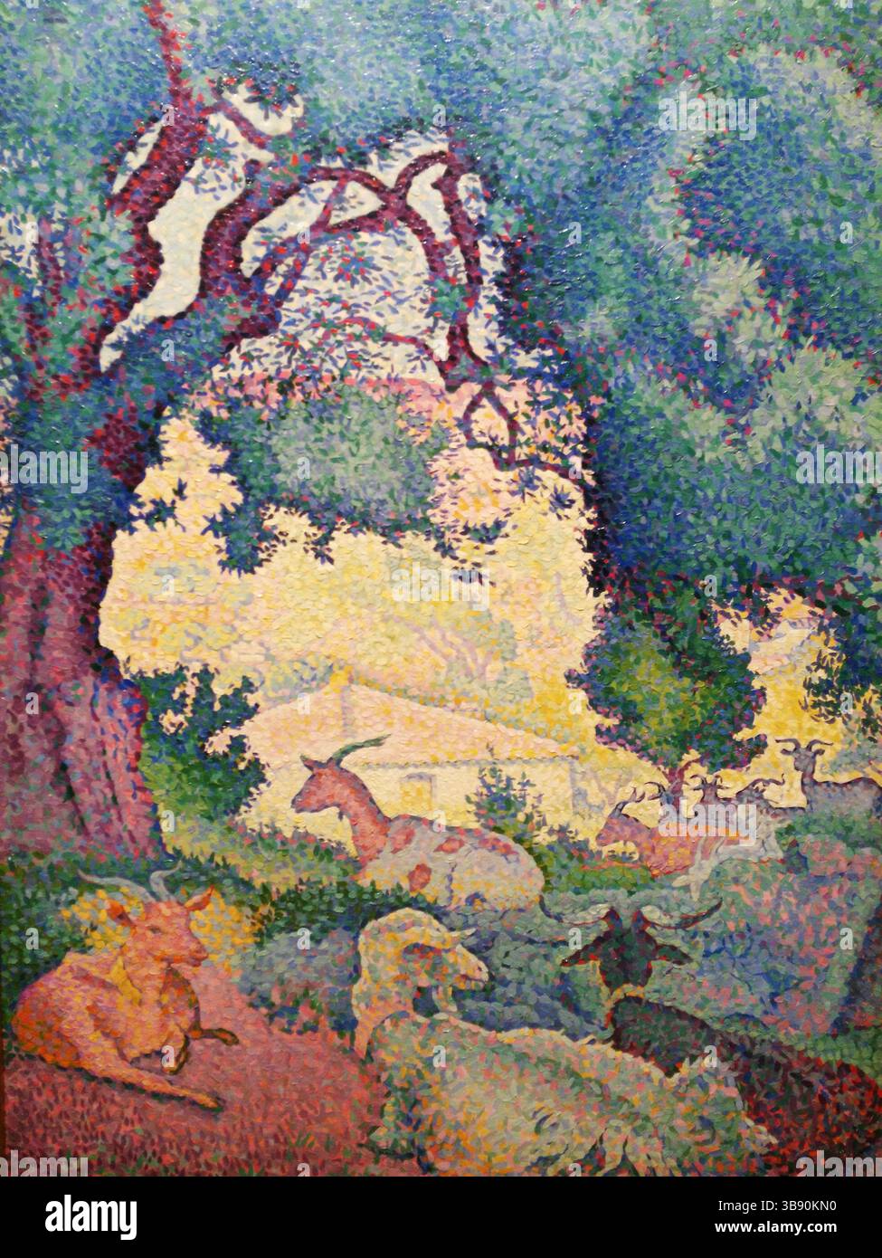 Paysage avec des chèvres peint par Henri Cross. Henri-Edmond Cross (20 mai 1856 – 16 mai 1910), né Henri-Edmond-Joseph Delacroix est un peintre et graveur français. Il est surtout acclamé comme un maître du néo-impressionnisme et il a joué un rôle important dans la formation de la deuxième phase de ce mouvement. Il a eu une influence significative sur Henri Matisse et de nombreux autres artistes. Son travail a joué un rôle déterminant dans le développement du fauvisme. Banque D'Images