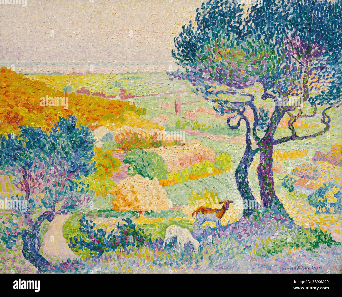 La Plaine de Bormes peinte par Henri Cross. Henri-Edmond Cross (20 mai 1856 – 16 mai 1910), né Henri-Edmond-Joseph Delacroix est un peintre et graveur français. Il est surtout acclamé comme un maître du néo-impressionnisme et il a joué un rôle important dans la formation de la deuxième phase de ce mouvement. Il a eu une influence significative sur Henri Matisse et de nombreux autres artistes. Son travail a joué un rôle déterminant dans le développement du fauvisme. Banque D'Images