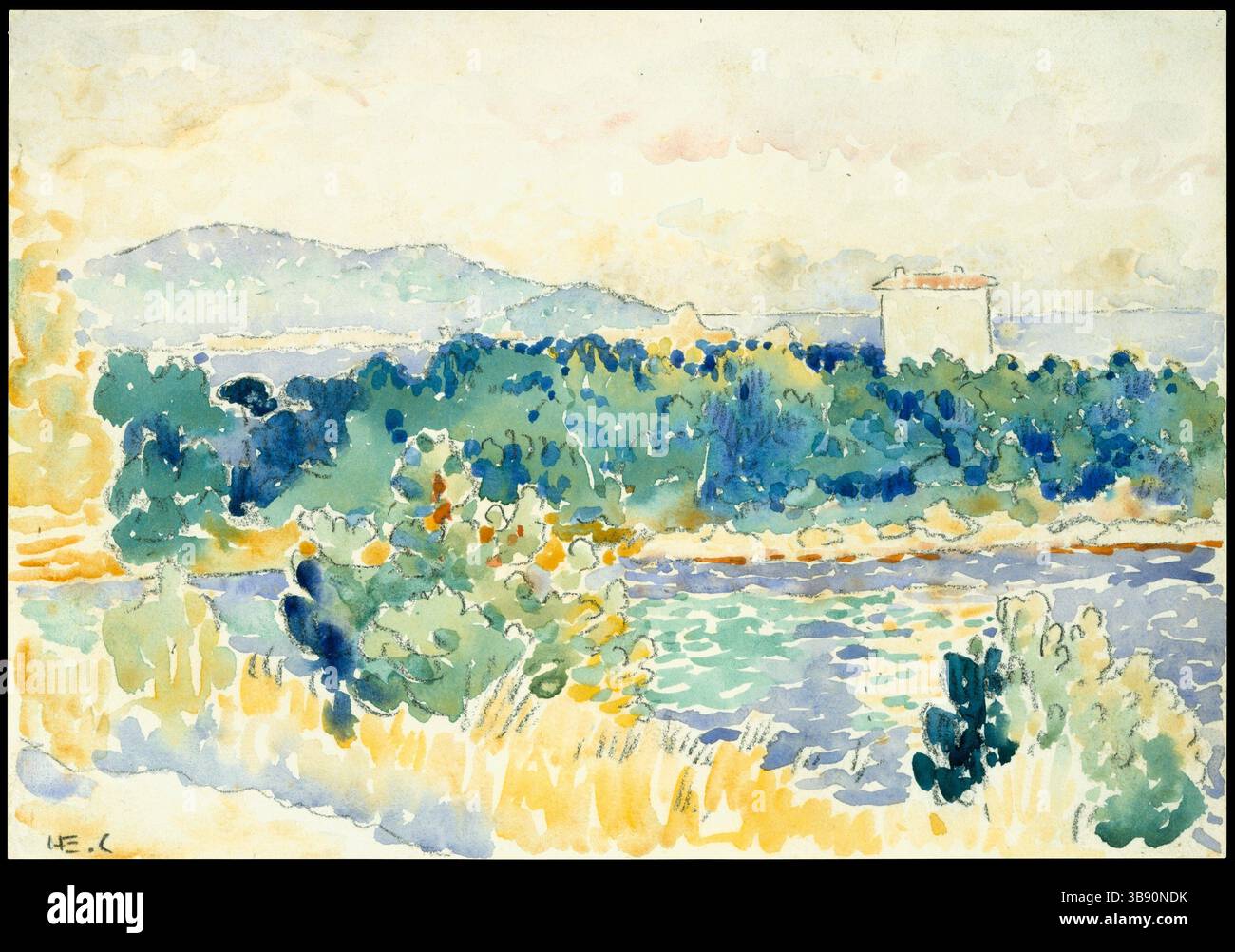 Paysage méditerranéen avec Maison Blanche, aquarelle peinte par Henri Cross. Henri-Edmond Cross (20 mai 1856 – 16 mai 1910), né Henri-Edmond-Joseph Delacroix est un peintre et graveur français. Il est surtout acclamé comme un maître du néo-impressionnisme et il a joué un rôle important dans la formation de la deuxième phase de ce mouvement. Il a eu une influence significative sur Henri Matisse et de nombreux autres artistes. Son travail a joué un rôle déterminant dans le développement du fauvisme. Banque D'Images