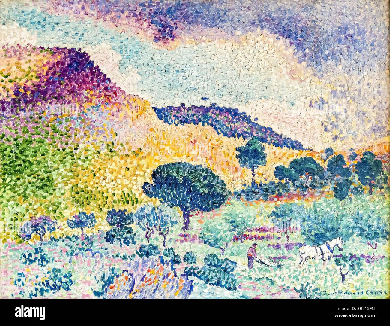 Tla Chaîne des Maures peint par Henri Cross en 1906. Henri-Edmond Cross (20 mai 1856 – 16 mai 1910), né Henri-Edmond-Joseph Delacroix est un peintre et graveur français. Il est surtout acclamé comme un maître du néo-impressionnisme et il a joué un rôle important dans la formation de la deuxième phase de ce mouvement. Il a eu une influence significative sur Henri Matisse et de nombreux autres artistes. Son travail a joué un rôle déterminant dans le développement du fauvisme. Banque D'Images