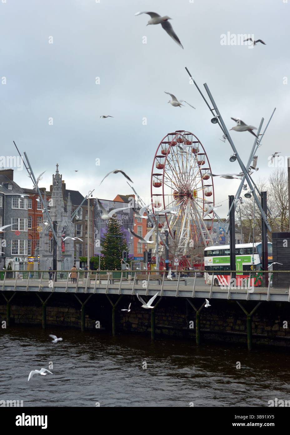Grande roue de la Grand Parade avec mouettes près de la rivière Lee à Cork City, en Irlande - une scène vibrante capturant le charme local et l'attrait touristique. Banque D'Images