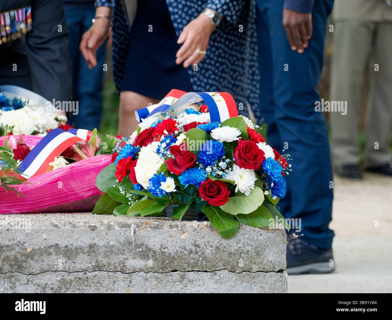 Couronnes de fleurs bleues, blanches et rouges posées pour une cérémonie commémorative, symbolisant les couleurs nationales françaises et un hommage commémoratif. Banque D'Images