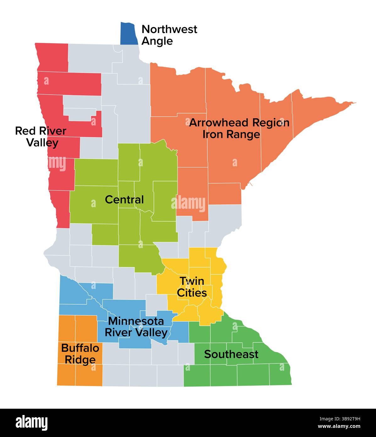 Régions du Minnesota. Arrowhead Region, Buffalo Ridge, Central, Minnesota River Valley, Northwest angle, vallée de la rivière Rouge, Sud-est, villes jumelles. Banque D'Images