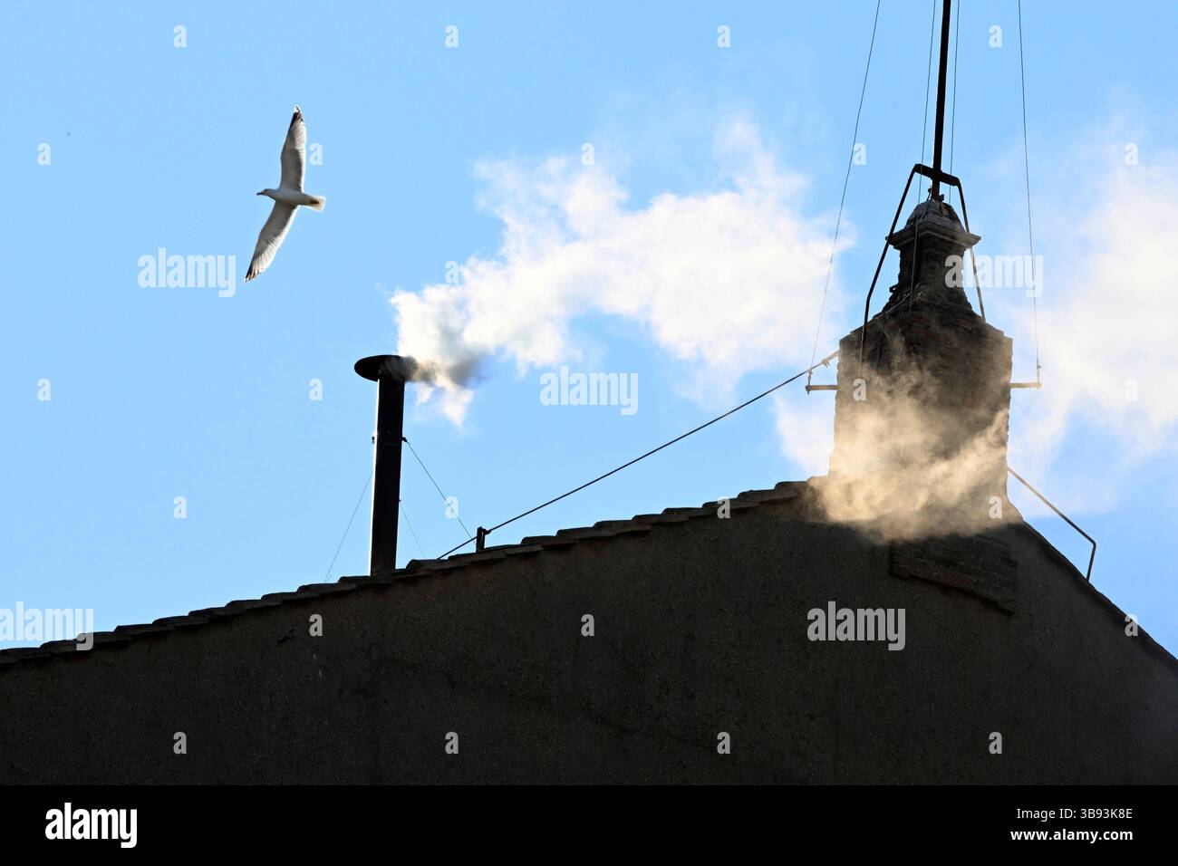 Italie. 08 mai 2025. De la fumée blanche est vue au-dessus de la Chapelle Sixtine signalant que les Cardinaux ont élu un nouveau pape à la Cité du Vatican, au Vatican, le jeudi 8 mai 2025. Après deux jours, le Conclave des Cardinaux a élu le Cardinal Robert Francis Provost, qui sera connu sous le nom de Pape Léon XIV, comme le 267e souverain Pontife après la mort du Pape François le lundi de Pâques. Provost sera le premier pape américain. Photo de Stefano Spaziani/UPI crédit : UPI/Alamy Live News Banque D'Images Italie. 08 mai 2025. De la fumée blanche est vue au-dessus de la Chapelle Sixtine signalant que les Cardinaux ont élu un nouveau pape à la Cité du Vatican, au Vatican, le jeudi 8 mai 2025. Après deux jours, le Conclave des Cardinaux a élu le Cardinal Robert Francis Provost, qui sera connu sous le nom de Pape Léon XIV, comme le 267e souverain Pontife après la mort du Pape François le lundi de Pâques. Provost sera le premier pape américain. Photo de Stefano Spaziani/UPI crédit : UPI/Alamy Live News Banque D'Images