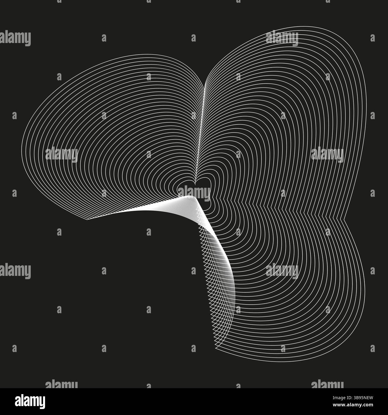 Lignes courbes blanches. Conception de la structure des pétales. Vecteur de fond noir. Forme optique abstraite. Illustration de Vecteur
