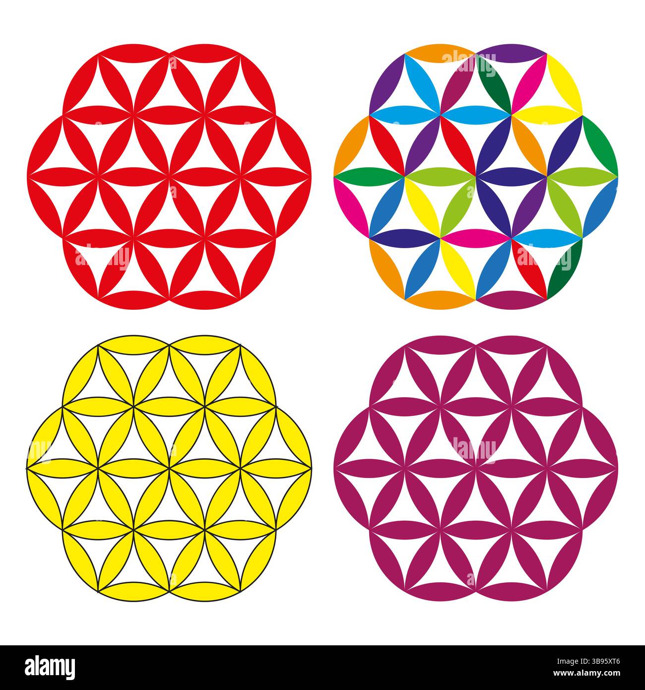 Fleur de vie. Motif sacré multicolore. Formes rouge jaune violet. Géométrie spirituelle vectorielle. Illustration de Vecteur