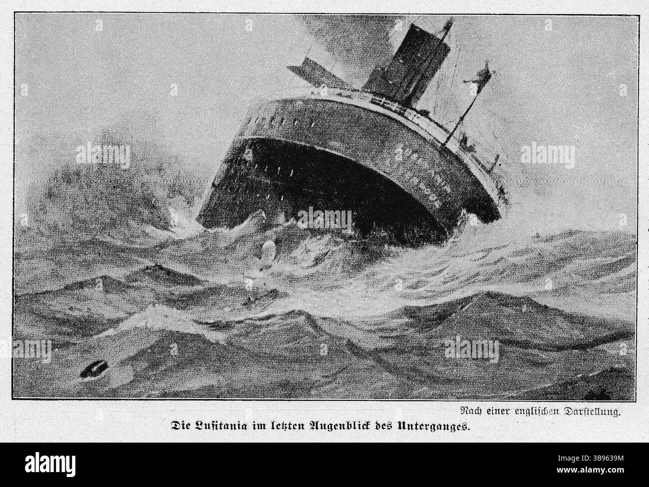Une impression d'artistes du naufrage de la Lusitania. Lusitania est un paquebot immatriculé en Grande-Bretagne torpillé par un U-boat pendant la première Guerre mondiale le 7 mai 1915, au large de la vieille tête de Kinsale, en Irlande. À son bord se trouvaient 1 264 passagers, 3 passagers clandestins et un équipage de 693 personnes, totalisant 1 960 personnes, dont 1 197 ont été tuées. Le navire a coulé en seulement 18 minutes. Le naufrage a détourné l'opinion publique de l'Allemagne et la mort de 128 Américains à bord a été un facteur important dans l'entrée en guerre des États-Unis. Banque D'Images