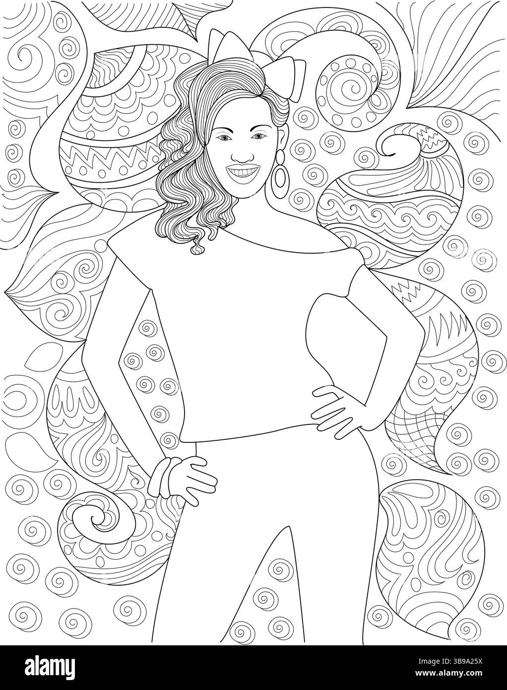 Une illustration de dessin au trait pour la coloration mettant en vedette une femme à la mode avec de grands cheveux, portant un haut hors épaule et un pantalon taille haute, posée contre un Illustration de Vecteur