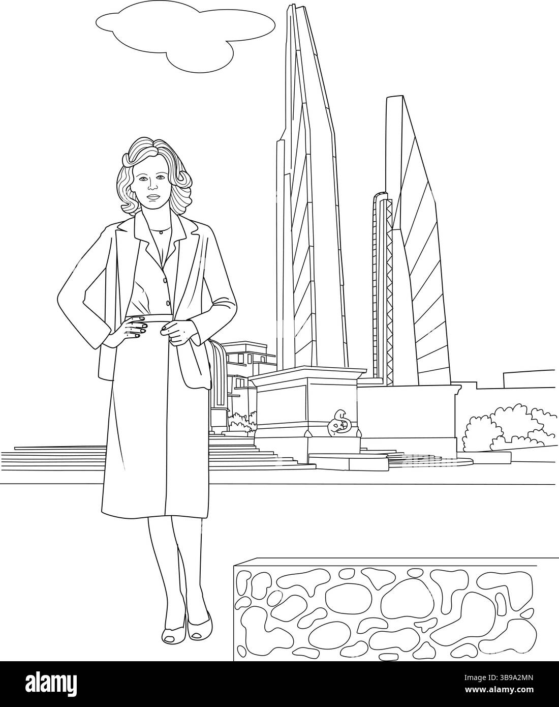 Illustration au trait mettant en vedette une femme d'affaires confiante vêtue d'une tenue de style 1980, debout dans un environnement urbain. Ce dessin d'inspiration vintage Illustration de Vecteur