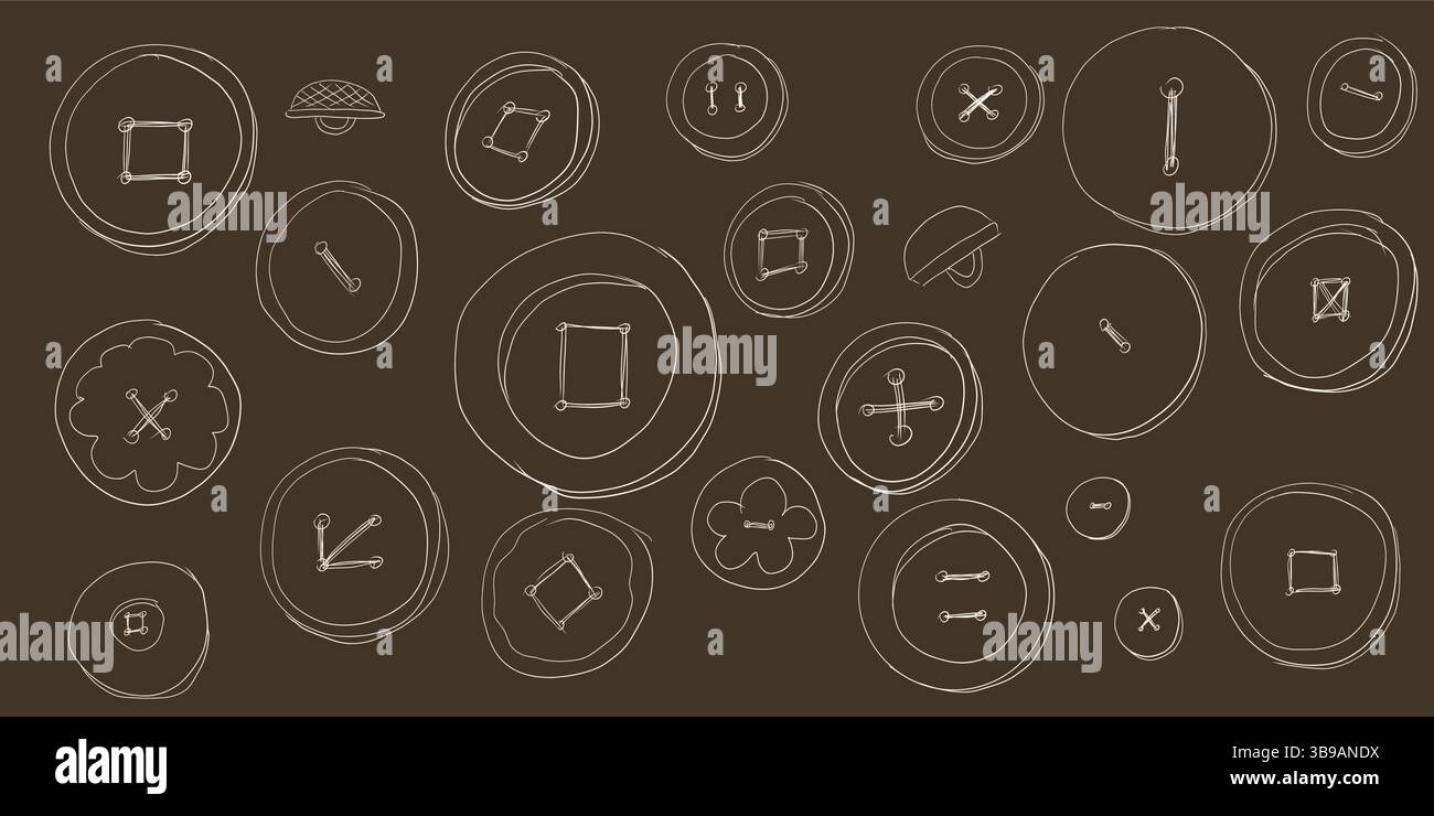 Régler la ligne de boutons de couture Accessoires de couture vêtements de différentes formes. Doodle dessiné à la main sur fond sombre Illustration de Vecteur