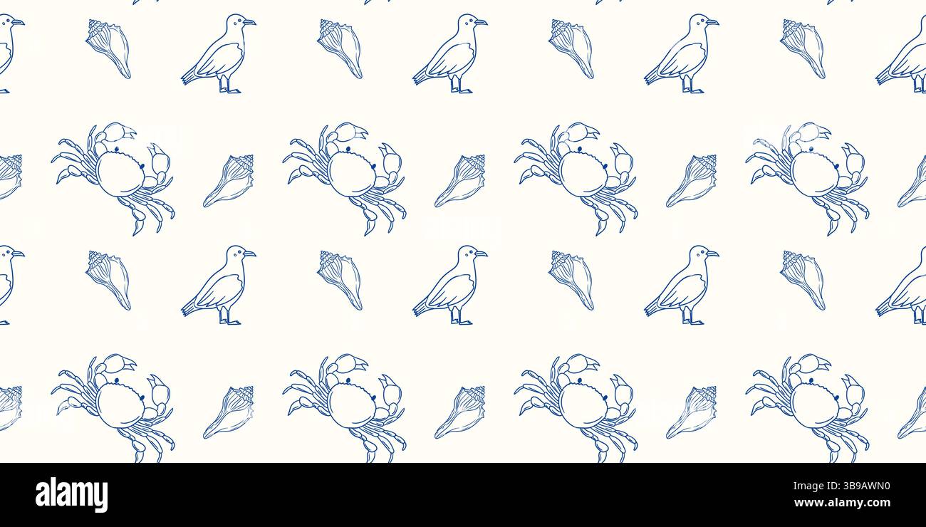 Le motif sur le thème de l'océan présente des crabes, des coquillages et des oiseaux dans un design simpliste Illustration de Vecteur Le motif sur le thème de l'océan présente des crabes, des coquillages et des oiseaux dans un design simpliste Illustration de Vecteur