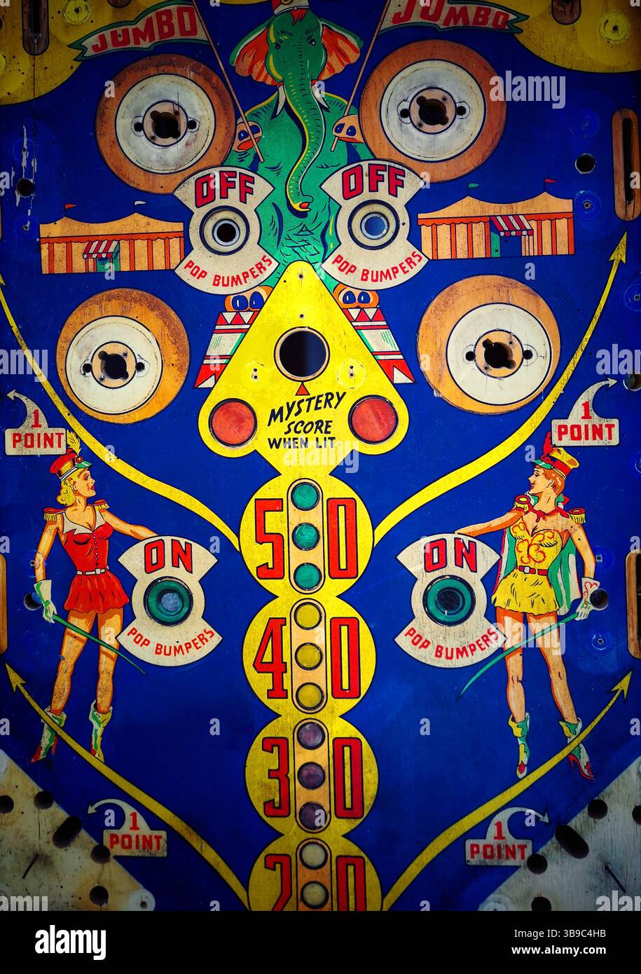 L'illustration vibrante montre un flipper vintage avec une illustration d'éléphant et diverses caractéristiques de gameplay. Couleurs vives et éléments nostalgiques - Image de stock capturée avec un smartphone