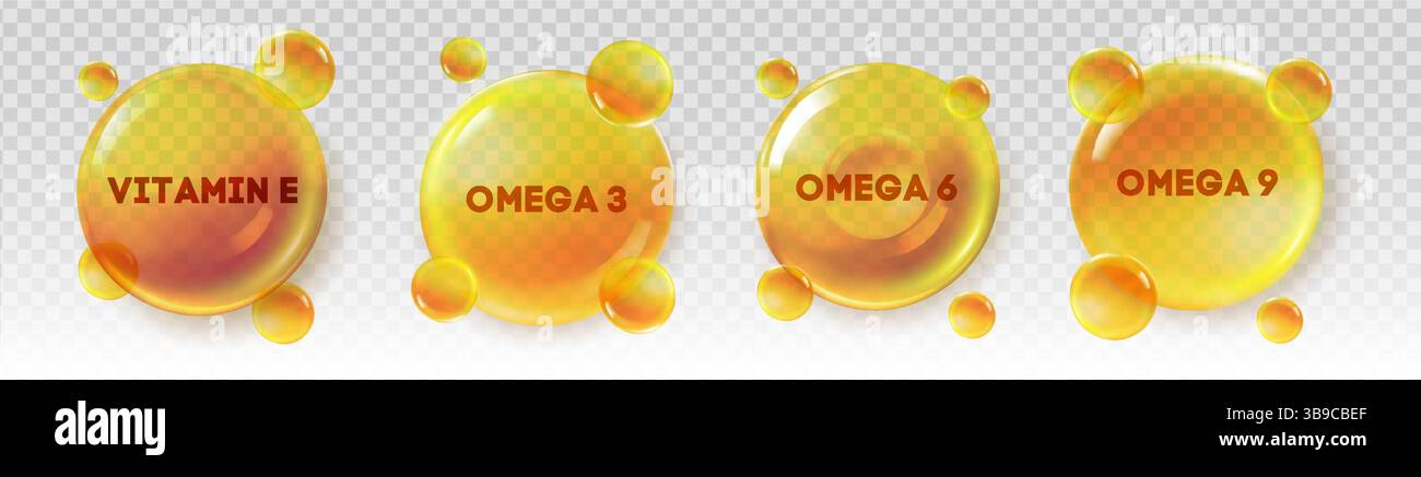 Capsules d'huile réaliste de vitamine E dorée, d'oméga 3, d'oméga 6 et d'oméga 9 avec fond transparent. Bulles nutritives brillantes représentant Illustration de Vecteur
