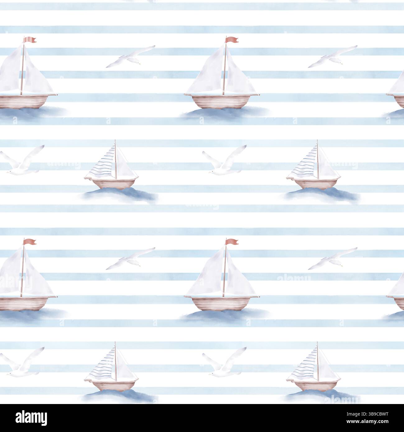Navires et bateaux avec voiles sur fond de bandes de couleurs blanches et bleues. Illustration aquarelle. Mouettes au-dessus des vagues et des bandes horizontales Banque D'Images
