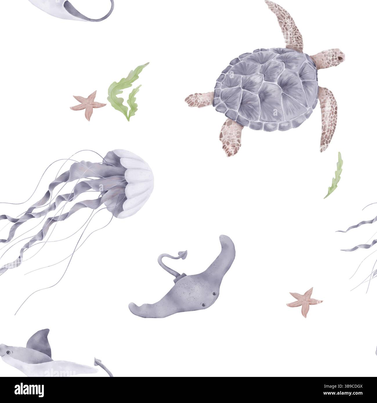Tortues de mer et raies d'océan nagent entre méduses et étoiles de mer. Illustration aquarelle. Motif sans couture. Animaux marins et algues sous-marines Banque D'Images