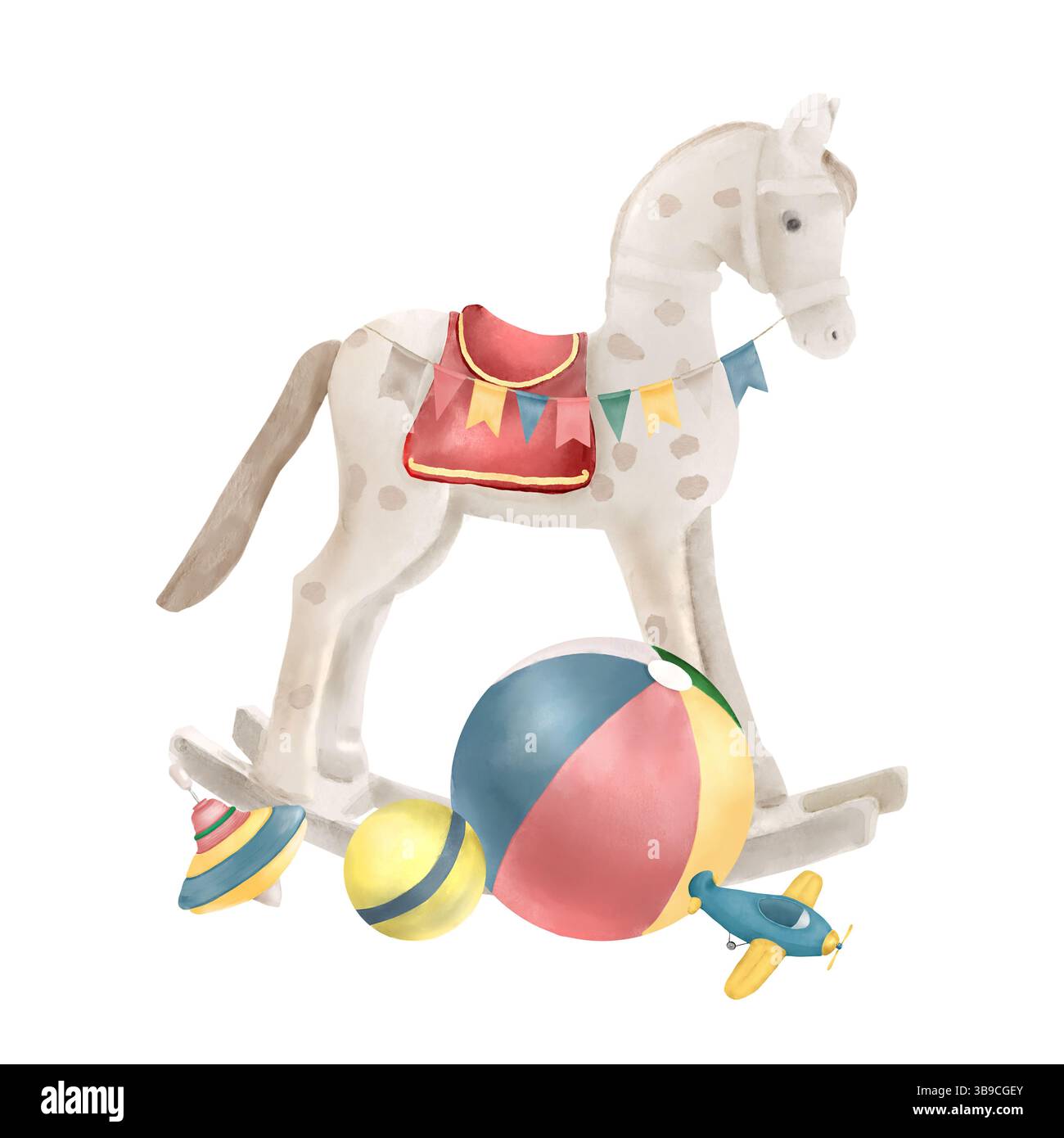 Un cheval à bascule, des balles et un toupie pour enfants. Illustration aquarelle. Le poney drôle est décoré de drapeaux. Un petit avion pour enfants Banque D'Images