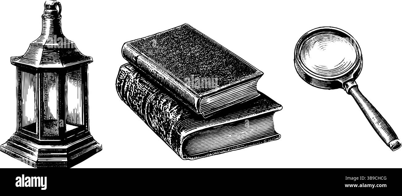 Lanterne gravée vintage, livres et collection de loupe pour des dessins historiques. Illustration de Vecteur