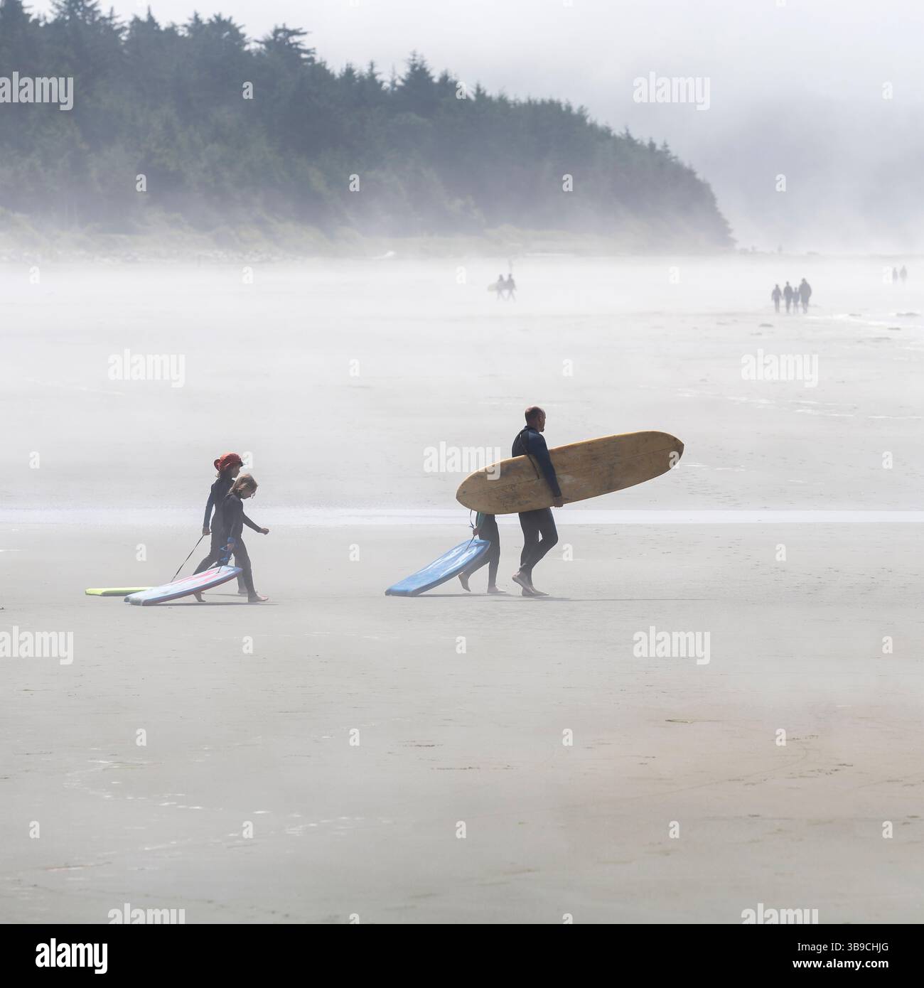 Famille de surfeurs avec planches de surf sur Chesterman Beach, Tofino, Pacific Rim National Park, Colombie-Britannique, Canada. Banque D'Images