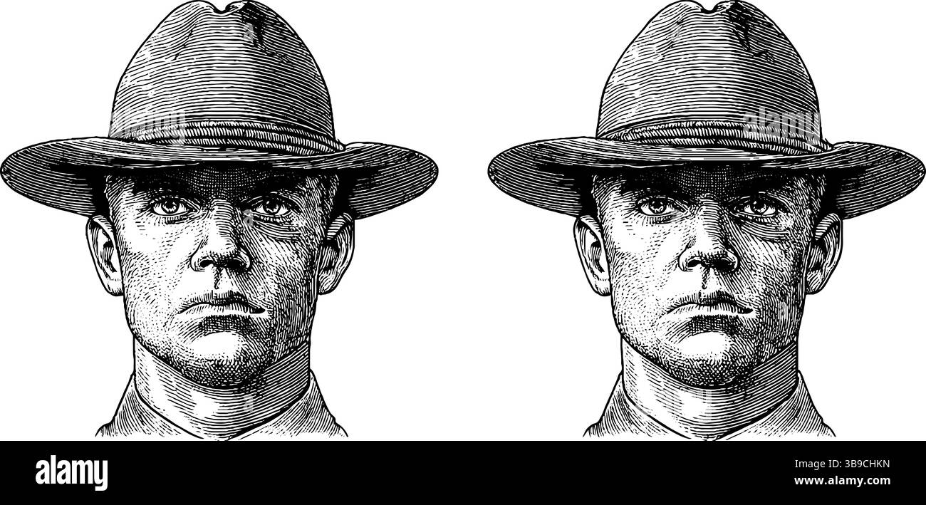 Portraits gravés complexes de gardien de parc dans la conception traditionnelle de chapeau art. Illustration de Vecteur