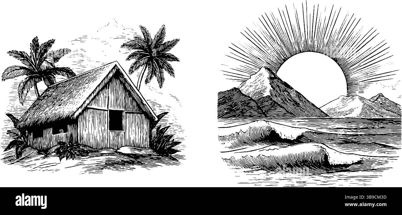 Scène insulaire tropicale gravée avec cabane et lever du soleil sur les vagues pour la conception artistique. Illustration de Vecteur