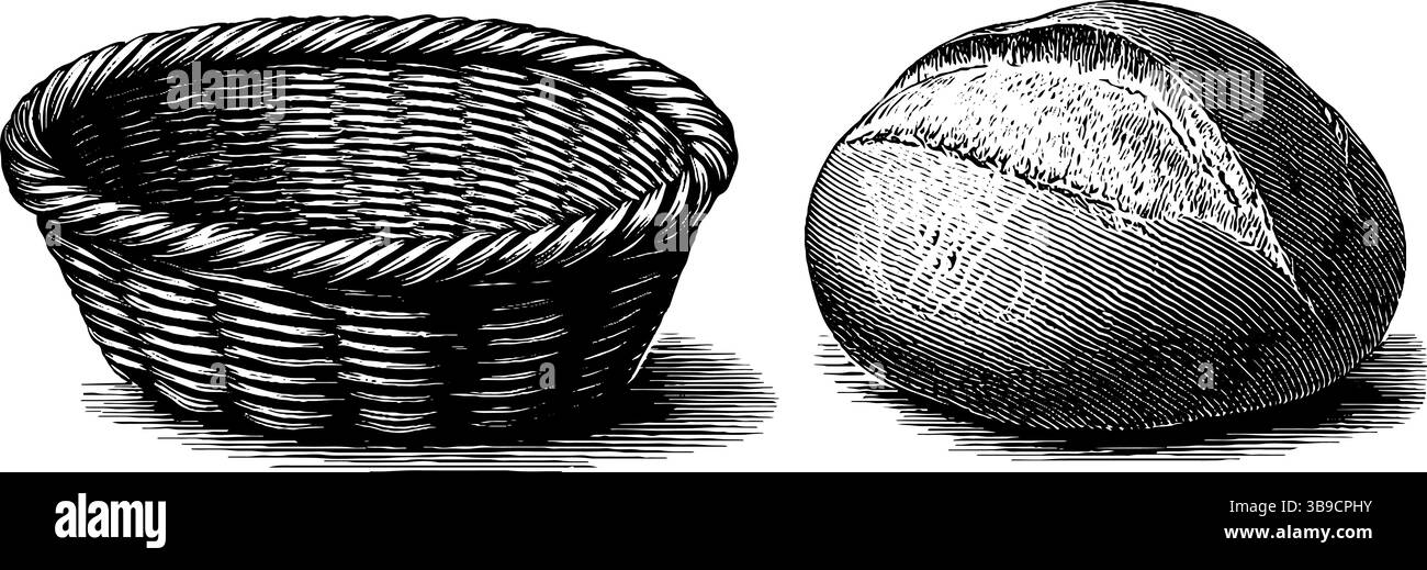 Illustration gravée de la conception du pain et du panier pour les projets d'art culinaire. Illustration de Vecteur