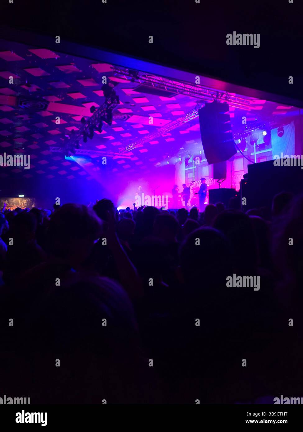 Scène de concert Libertines vibrante avec des lumières de scène violettes et bleues saisissantes. Foule emballée immergée dans la musique, l'énergie palpable lorsque les fans entrent en collision. - Image de stock capturée avec un smartphone
