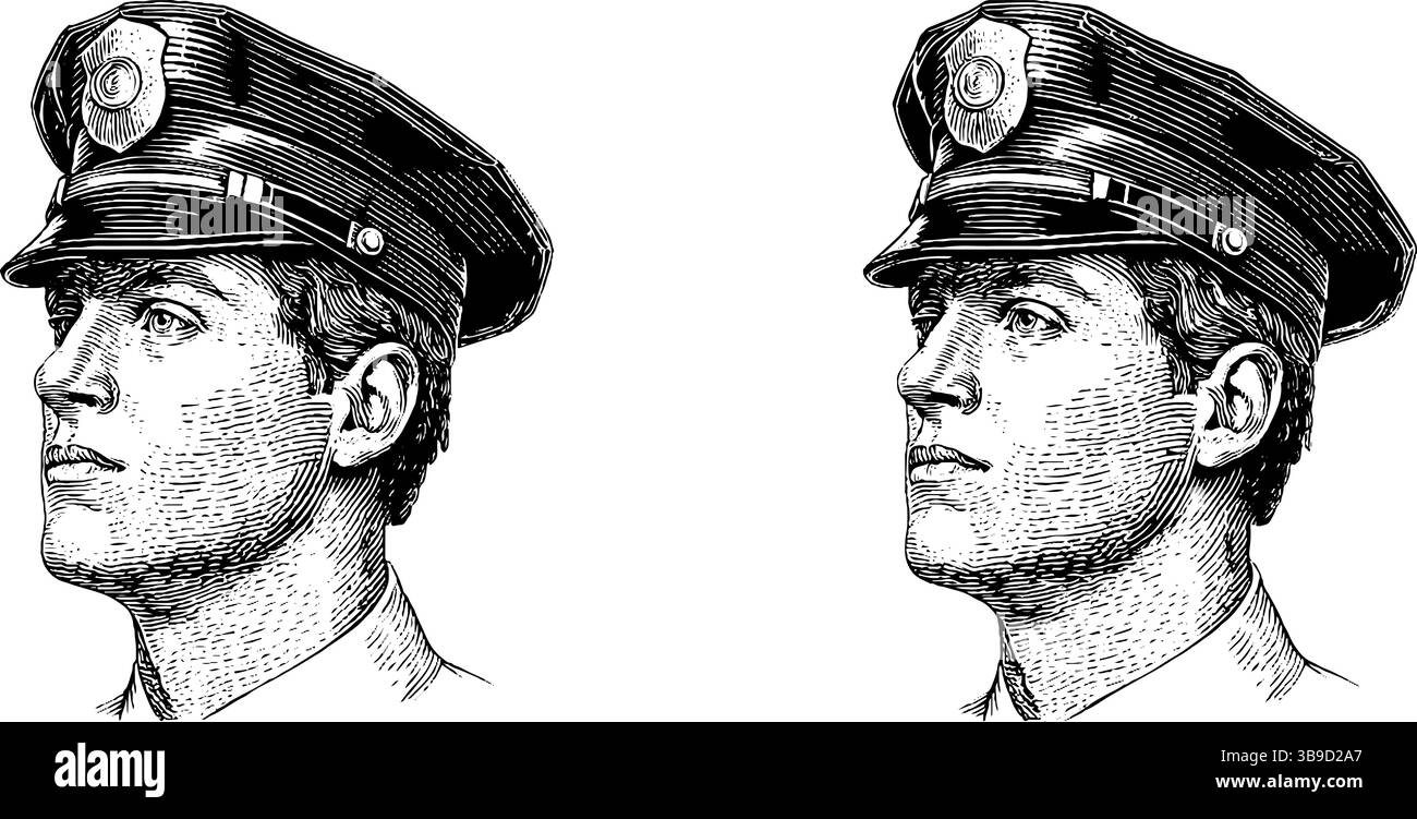 Ensemble d'illustrations gravées représentant un policier en vue de profil pour des projets de conception et d'impression. Illustration de Vecteur
