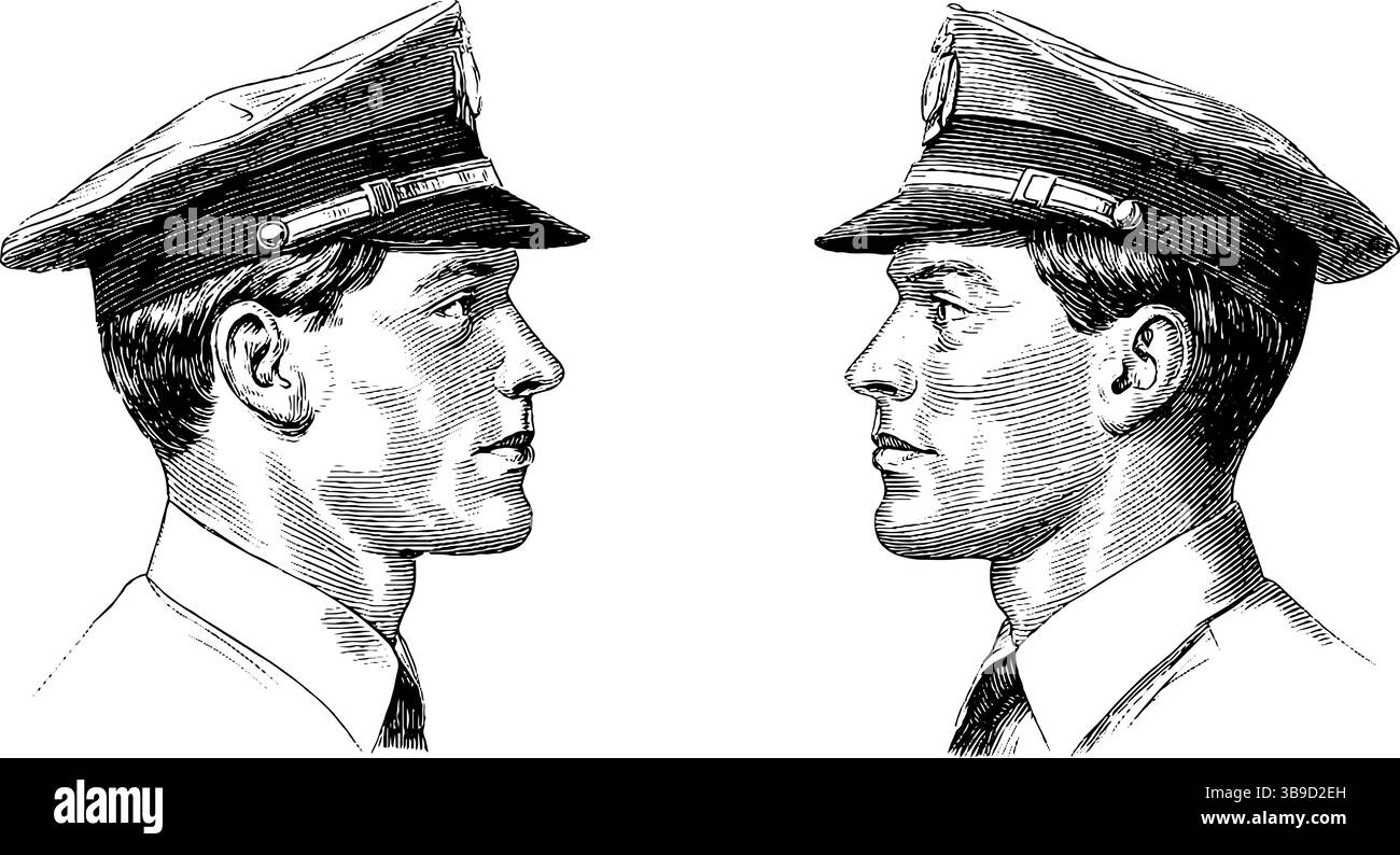 Portraits gravés de l'agent d'immigration en uniforme - art vintage pour la conception historique. Illustration de Vecteur