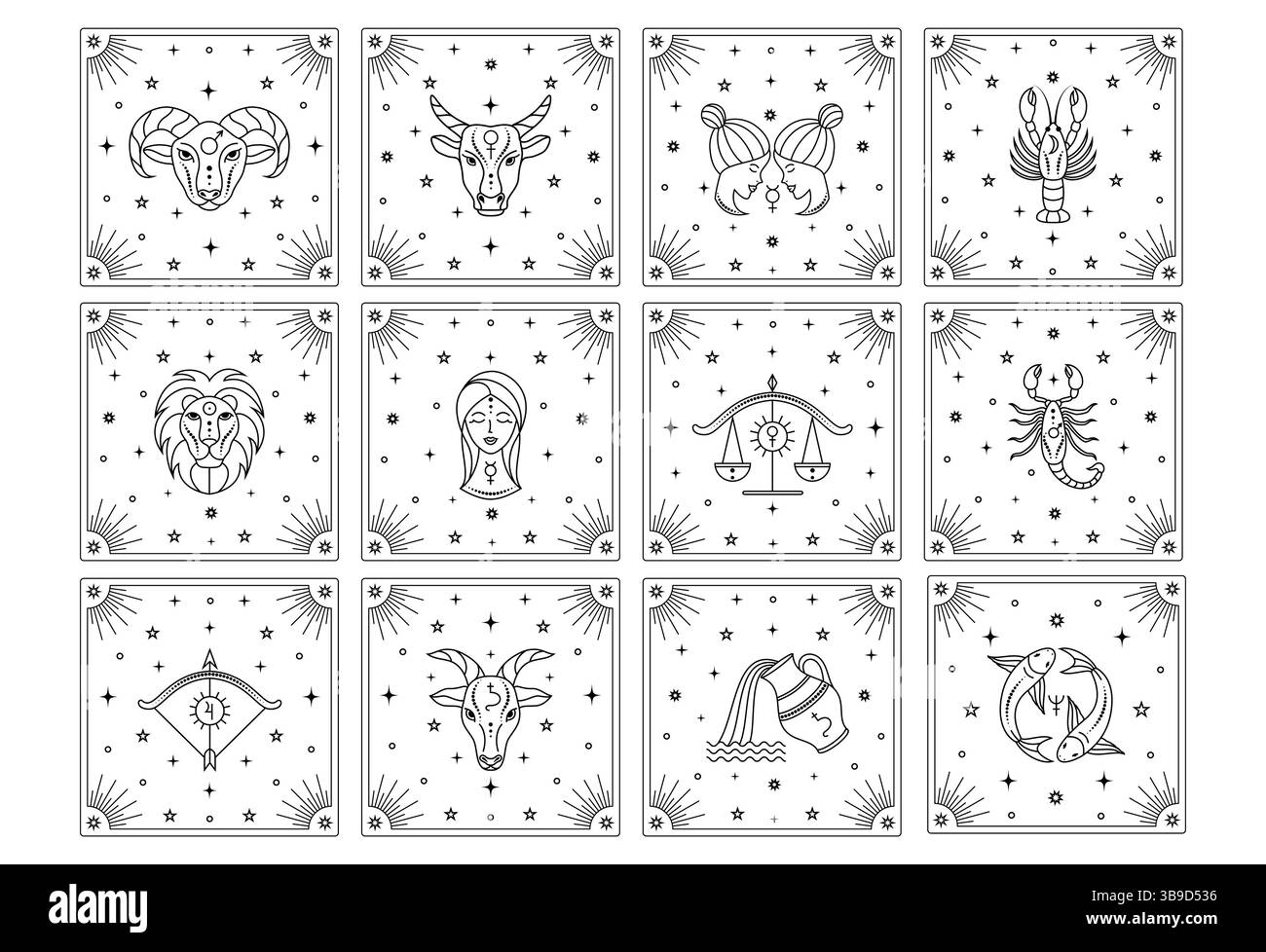 Jeu de cartes de tarot avec des signes du zodiaque. Illustration de Vecteur