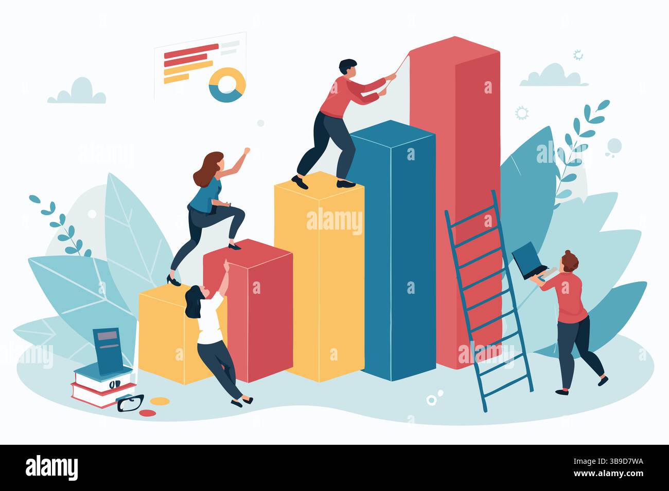 Collaboration en équipe atteindre la croissance grimpant graphique à barres étapes vers le succès illustration vibrante avec un style de conception plat Illustration de Vecteur