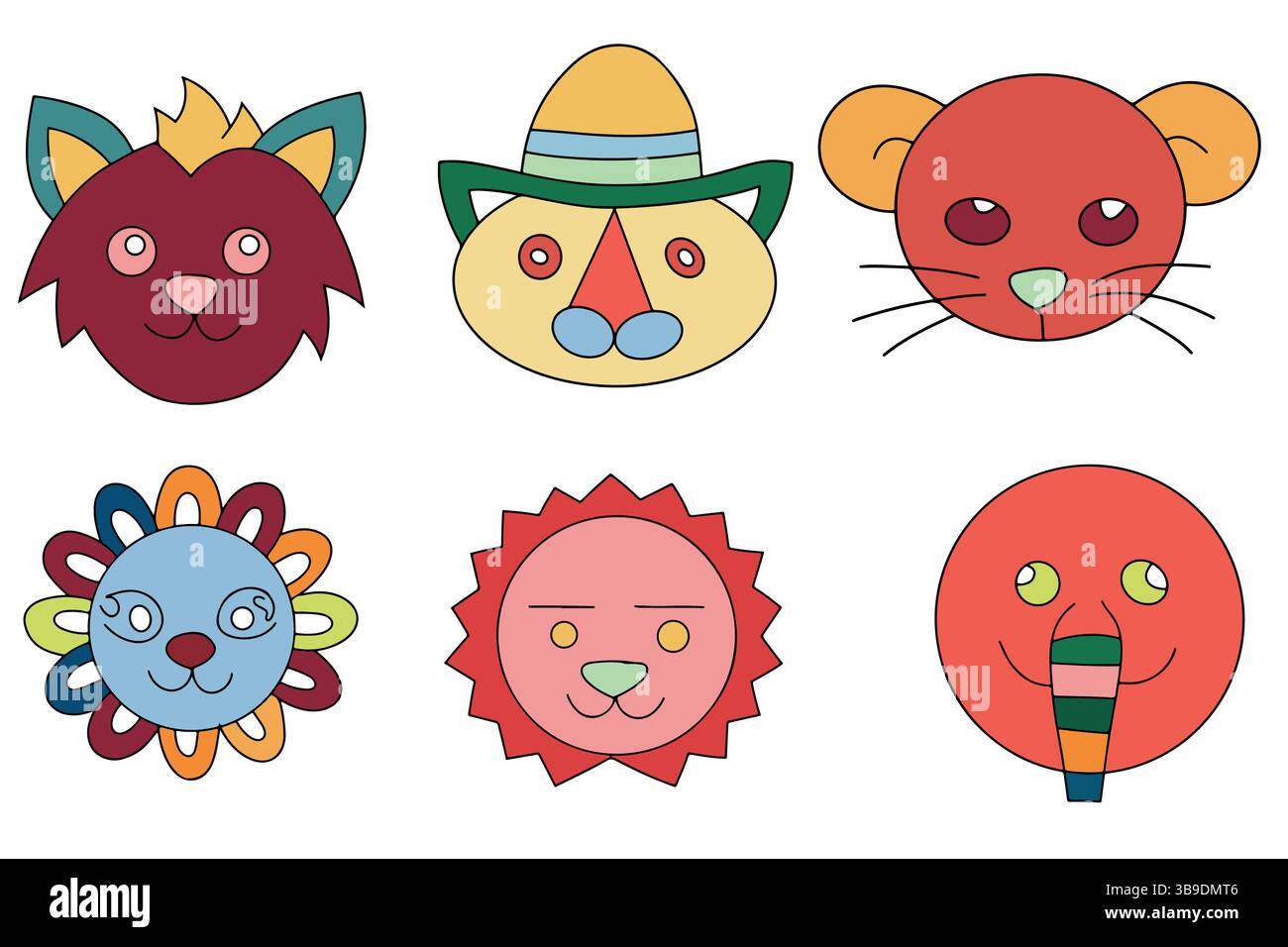 Colorful-Cartoon-animal-visages – Fun-Vector-Character-icônes-pour-enfants-&-artisanat. Illustration de Vecteur