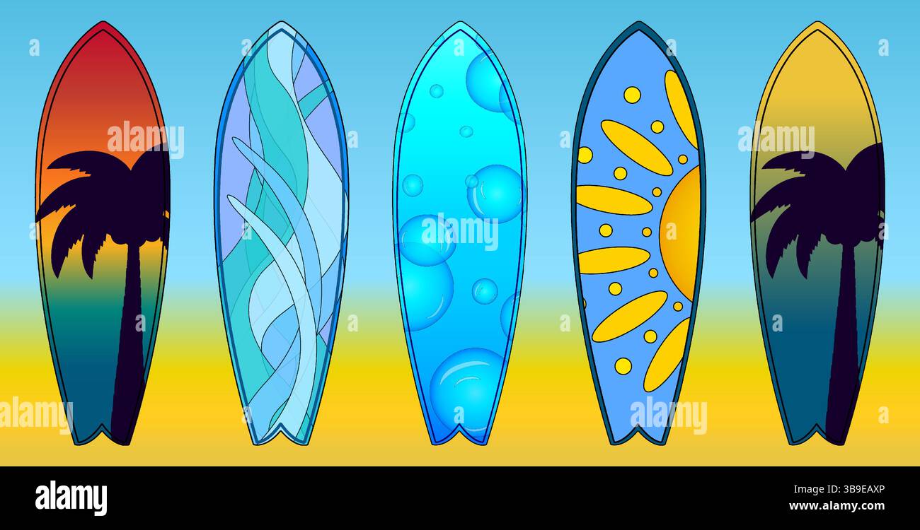 Ensemble de planche de surf vectorielle d'été avec coucher de soleil tropical, silhouettes de palmiers, soleil, bulles d'eau et motifs de vagues sur un fond dégradé. Idéal pour la somme Illustration de Vecteur