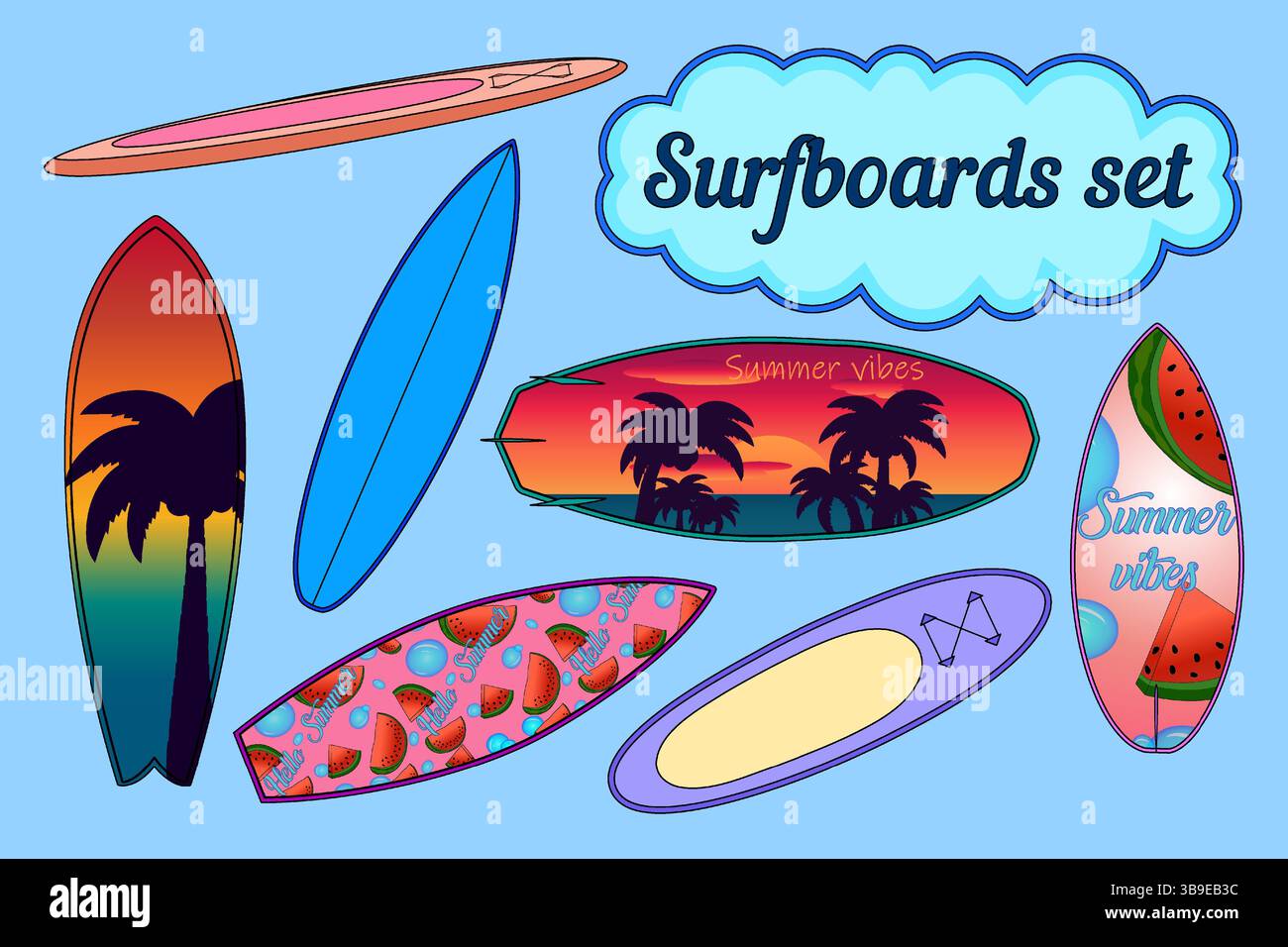Ensemble coloré de planche de surf d'été avec coucher de soleil tropical, motifs de pastèque, silhouettes de palmiers et illustrations de plage sur un fond bleu. Pour summ Illustration de Vecteur