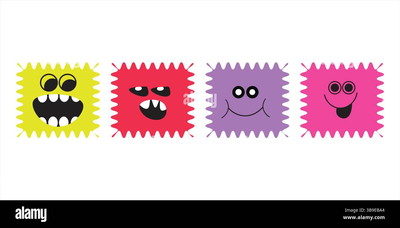 Conception vectorielle ludique de quatre visages de monstre carrés aux couleurs vives avec des contours dentelés et des expressions de dessin animé engageantes Illustration de Vecteur