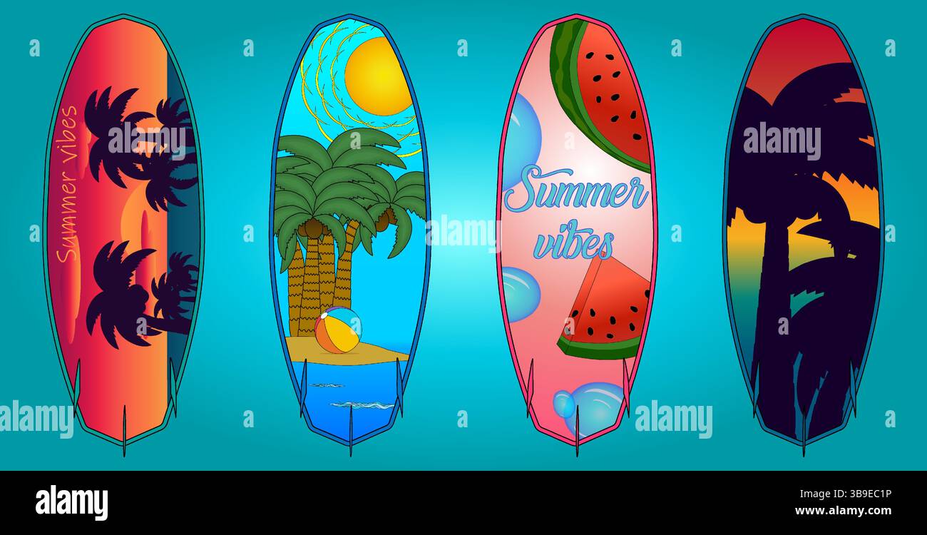 Ensemble de planche de surf vectorielle d'été avec coucher de soleil tropical, silhouettes de palmiers, motifs thématiques de pastèque et de plage sur un fond dégradé bleu. Pour summ Illustration de Vecteur