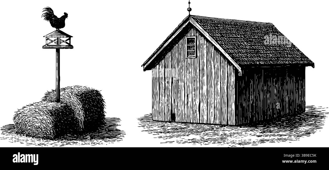 Charme de campagne rustique : grange gravée et illustration de balles de foin pour un design vintage. Illustration de Vecteur