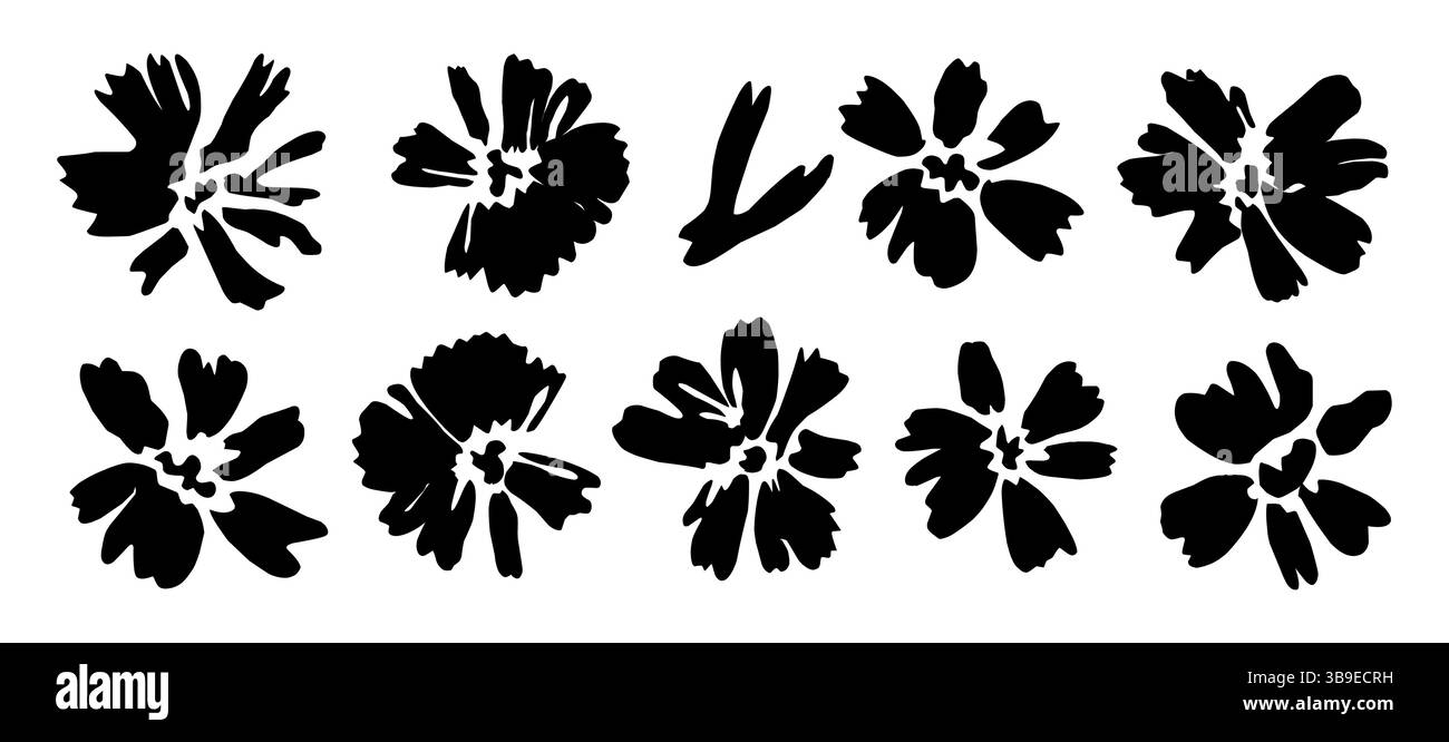Ensemble de silhouettes de fleurs dans le style d'encre de pinceau Illustration de Vecteur