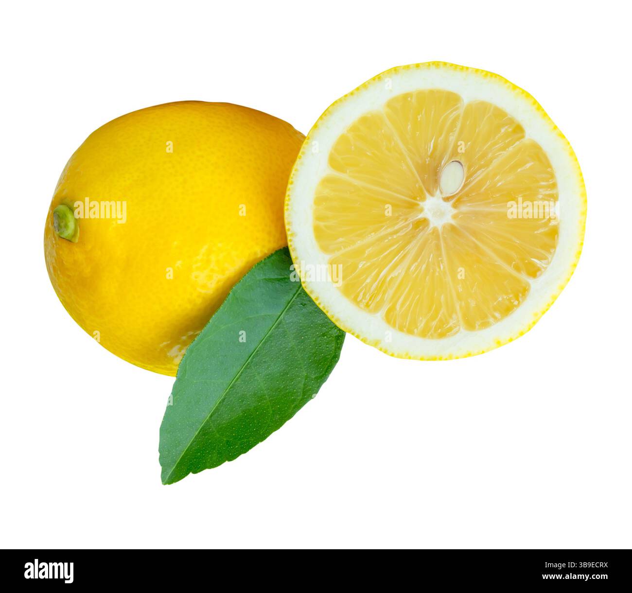 Vue de côté du fruit frais de citron jaune mûr avec une moitié et une feuille verte est isolé sur fond blanc avec chemin de découpage. Banque D'Images