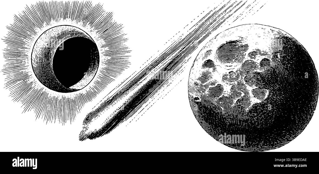 Illustrations célestes vintage de comètes d'éclipse lunaire et de phases de lune. Illustration de Vecteur