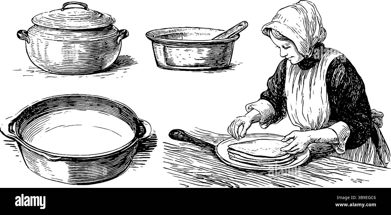 Scène culinaire vintage d'une grand-mère préparant des crêpes avec des ustensiles de cuisine. Illustration de Vecteur